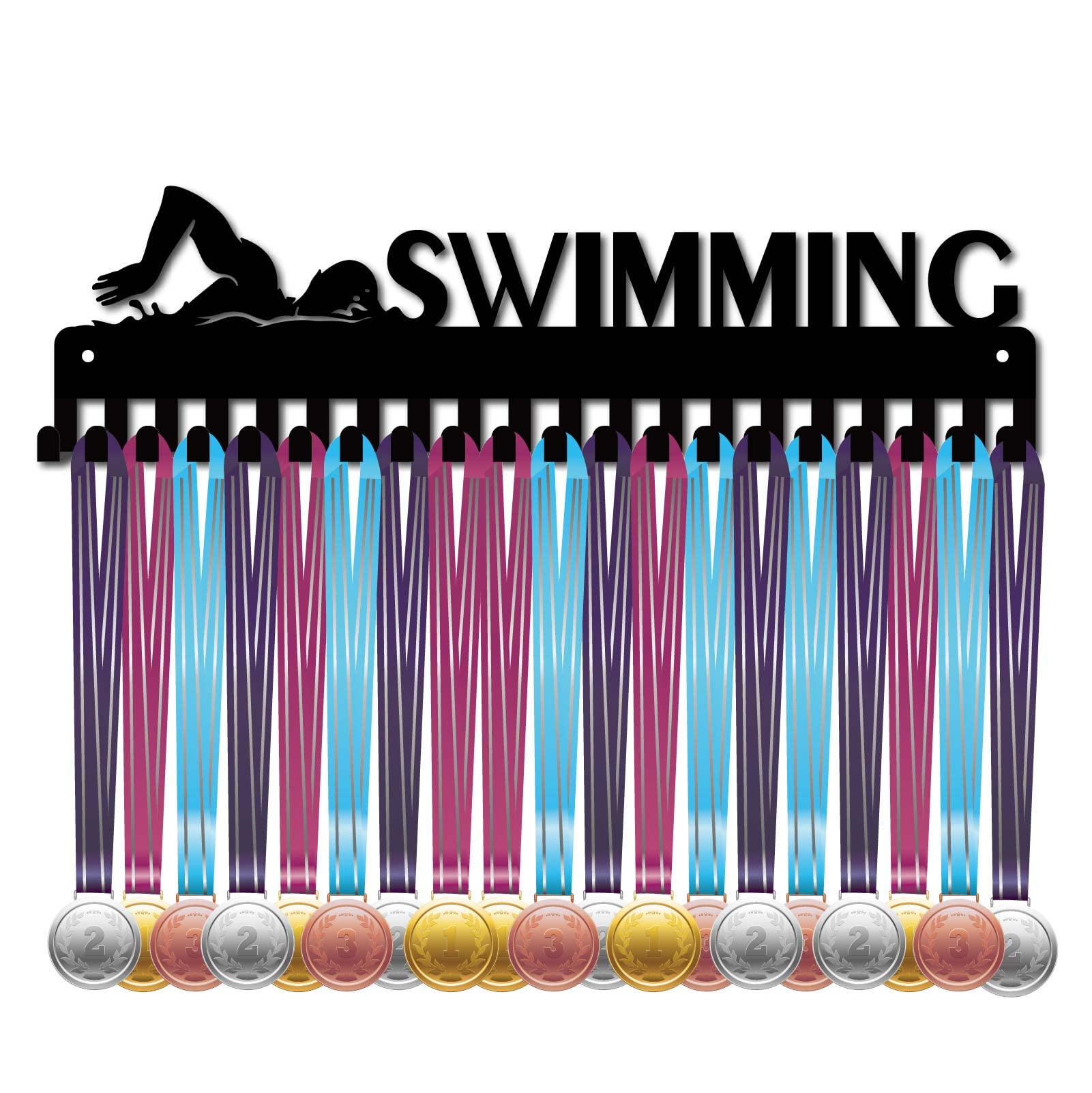 CREATCABIN Medal Holder Display Hanger Rack Sports Swimming Metal Wall Mount with 20 Hooks for Race Runner Players Gymnastics Gymnast Over 60 Medals Black 15.7 x 4.4inch