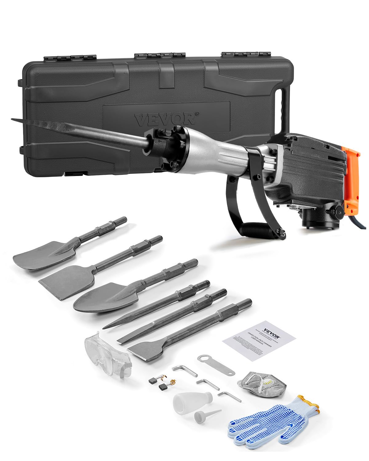 Photo 1 of VEVOR Demolition Jack Hammer, 1350 BPM Concrete Breaker 6pcs Chisels Bit Chipping with Case, 2200W Electric Jackhammer Heavy Duty, Black