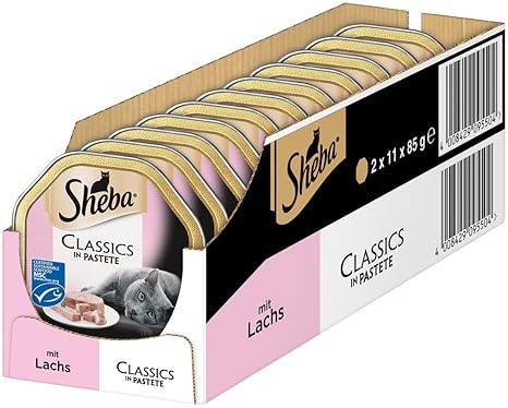 Sheba Classics in Pastete – Katzenfutter als Pasteten mit feinen Stückchen – Lachs – Getreidefrei – 22 x 85g