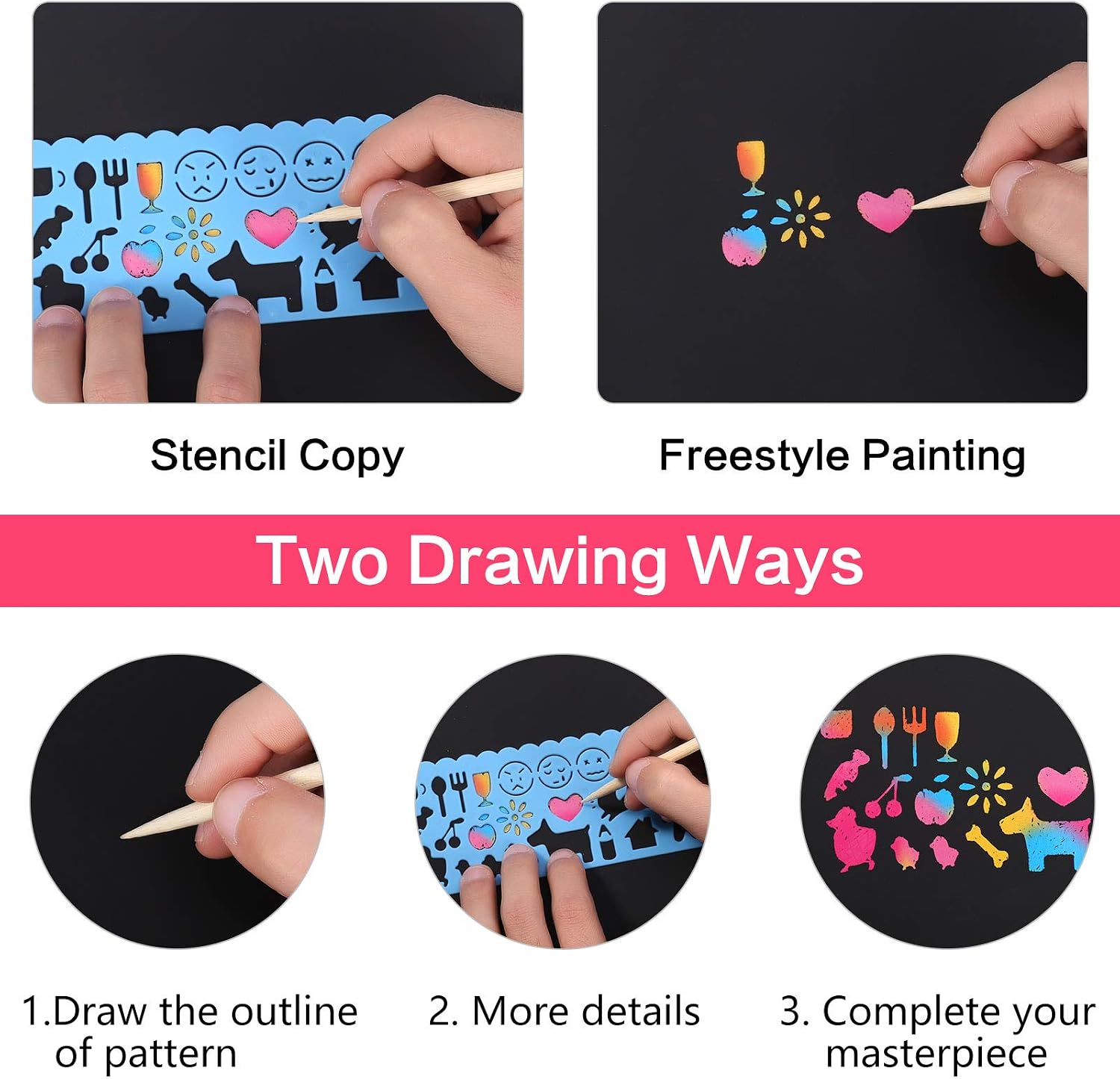 ruggito Rainbow Scratch Art for Kids,2 Rainbow Paper Books with 2 Pens 4 Painting Pattern Kids Arts and Crafts for Ages 4-12 Boys Girls Birthday Christmas Party Present - Image 4