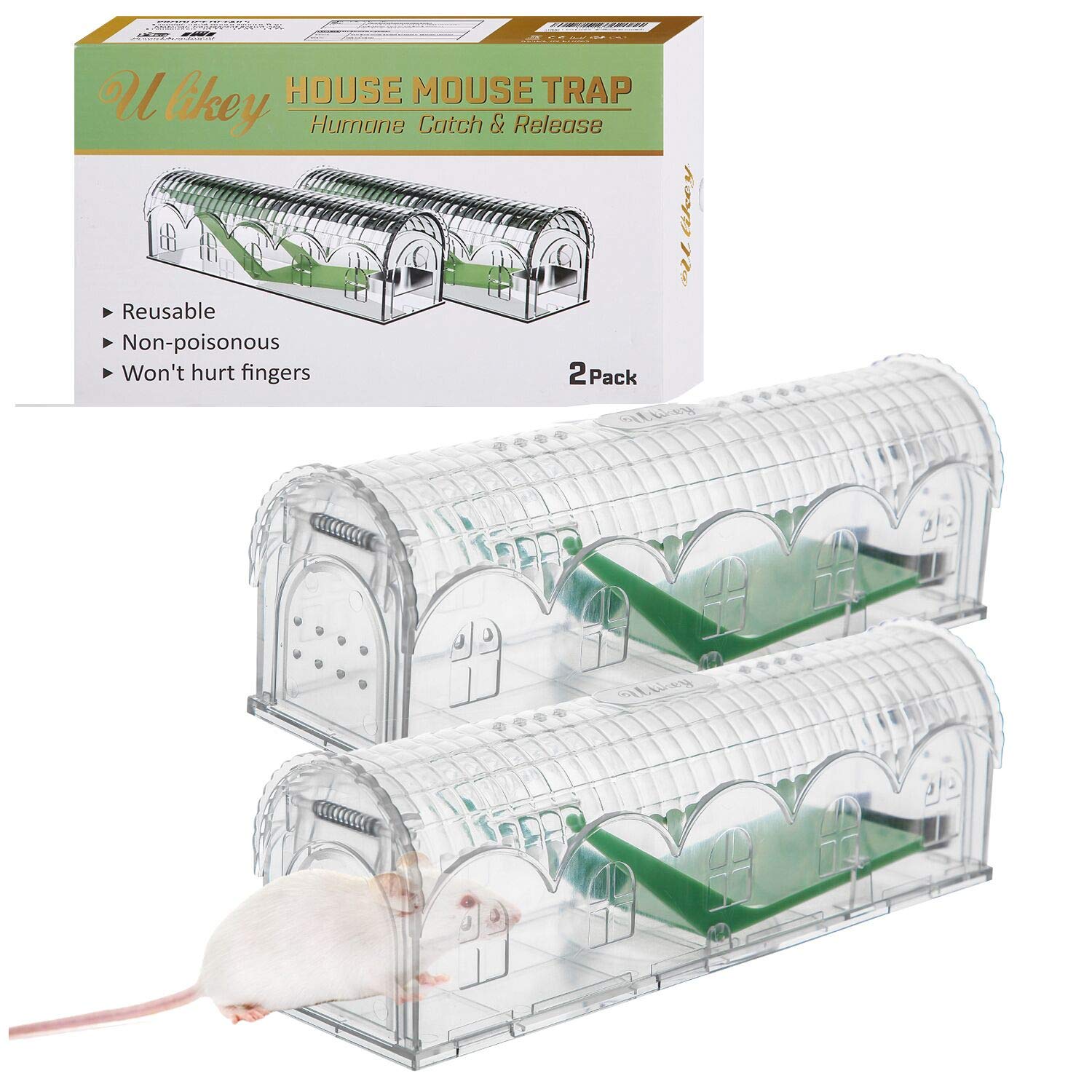 Ulikey 2 Pack Humane Mouse Trap, Reusable Rodent Trap with Cleaning Brush, No Kill Mice Live Catcher, Washable, Suitable for Rooms Offices Fields & Warehouses (White)