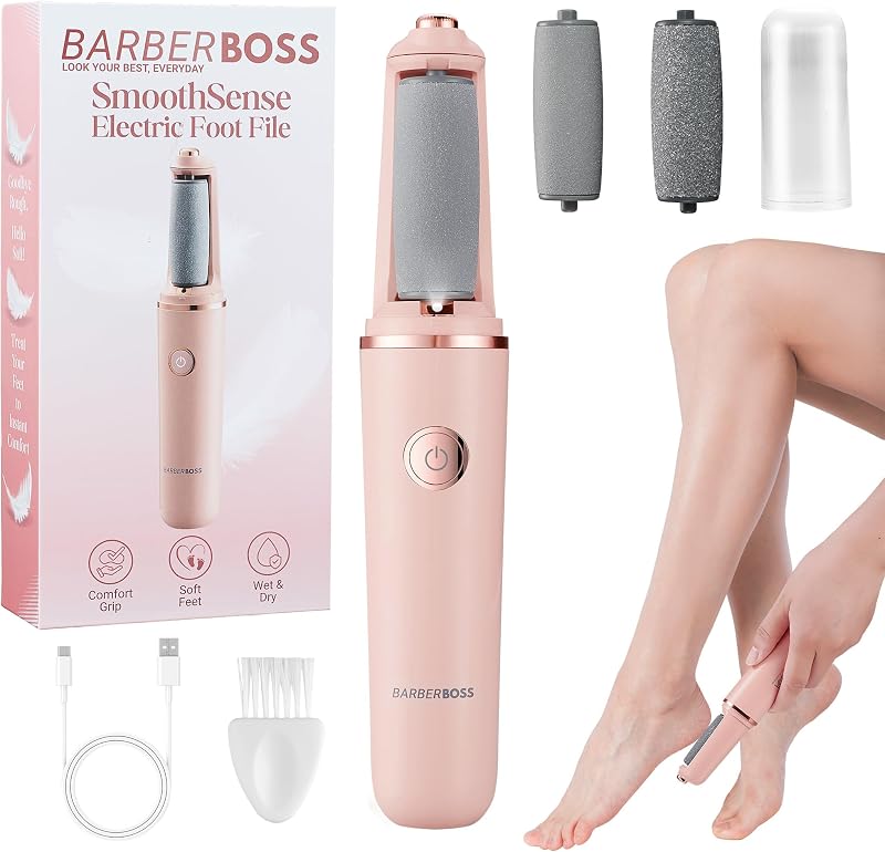 Lima eléctrica para pies, removedor de callos para pies, kit de pedicura recargable, cabezales de rodillo finos y gruesos, carga USB, tapa protectora (Rosa)