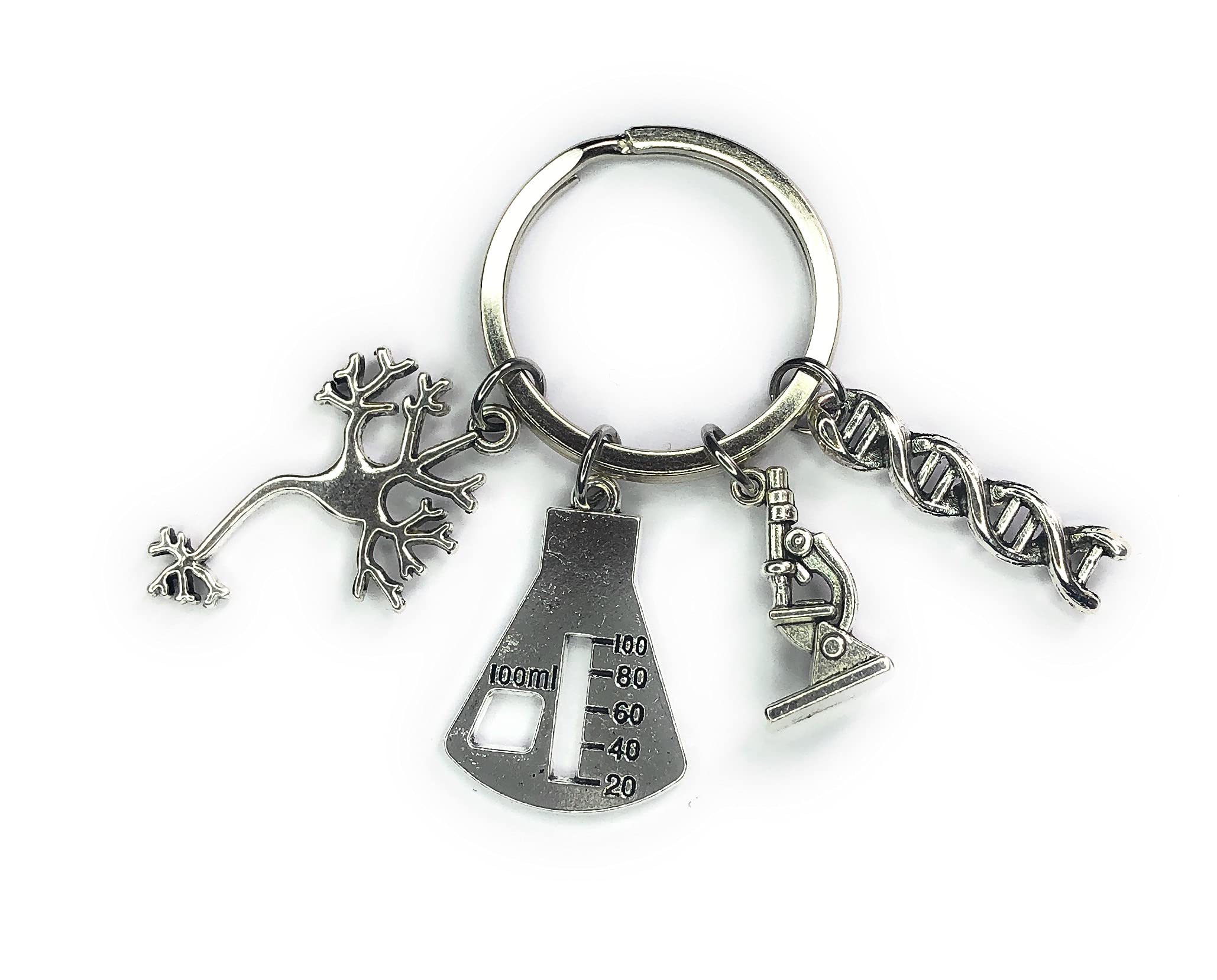 FizzyButton Gifts Biology Teacher Scientist Keyring Key Ring with Silver Tone Neuron, Microscope, DNA and Flask Charms