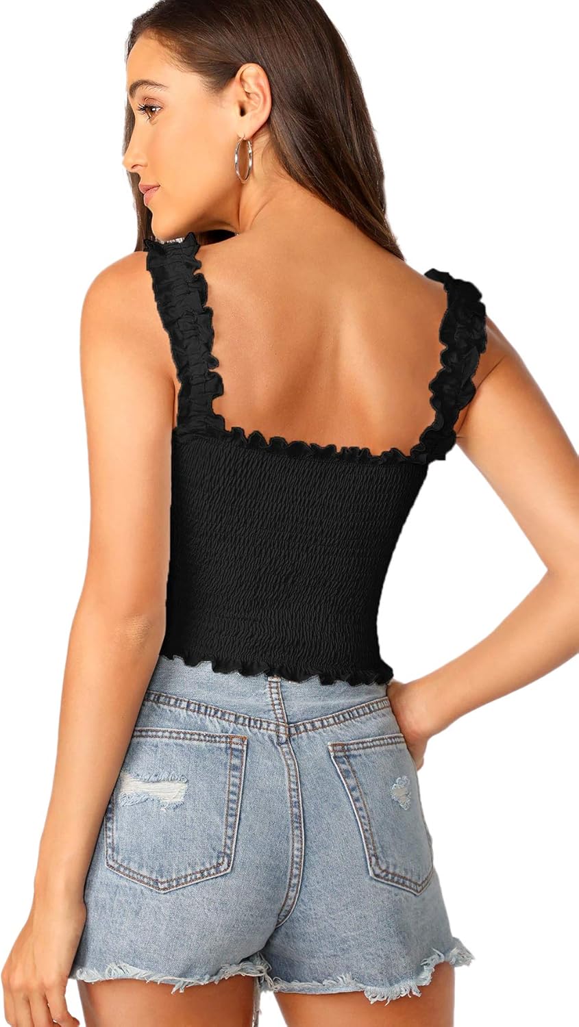 SheIn Women's Casual Frill Smocked Crop Cami Tank Shirred Strap Sleeveless Top at  Women’s Clothing store
