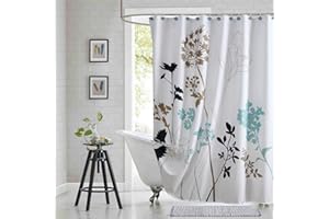 BESTRIPES Fabric Floral Shower Curtain, Blue and White Shower Curtain, Teal and Brown Plant Shower Curtains for Bathroom, Modern Decorative Bathroom Curtains - 72" W x 72" H