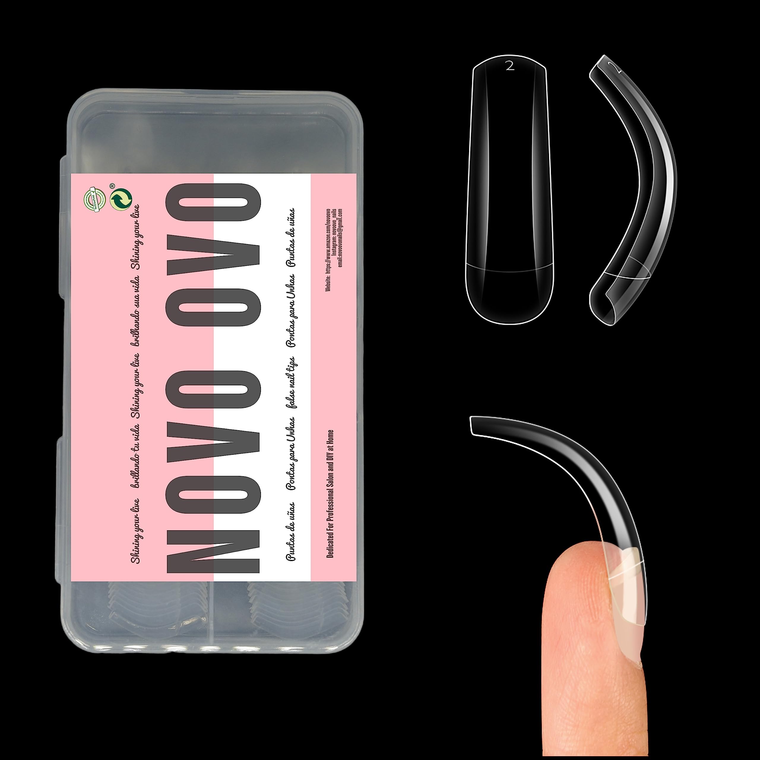 NOVO OVO Halloween 100 pcs Hawk Curved Transparent Clear Cystal Extra Super Extreme Deep Curve Half Cover Long Square Eagle Claw False Nail Extension Tips Acrylic Nail 10 Sizes Box Packaging Art Salon