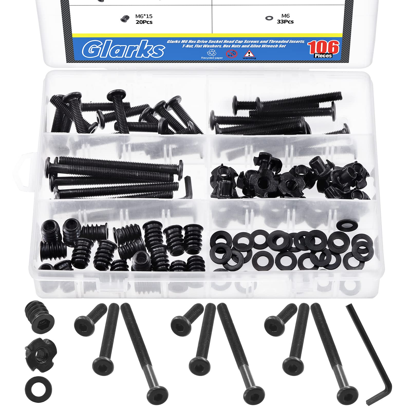 Glarks 107Pcs M6 Hex Drive Socket Cap Bolts & Accessories for Wood, Rock Climbing Holds, Cabinetry, Furniture