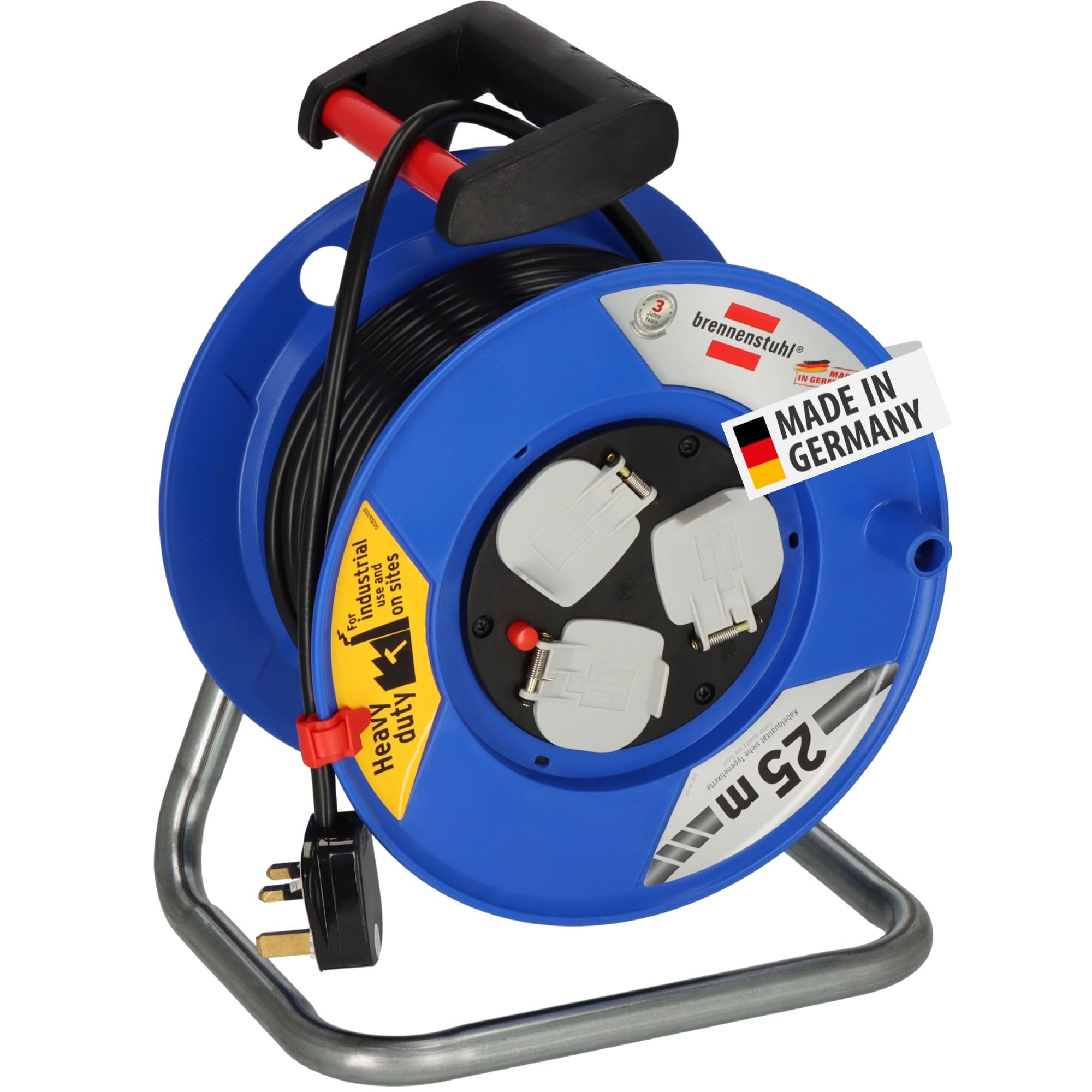 Brennenstuhl Garant 3-way socket outlet Cable Reel (Extension Lead 25m cable length, with thermal cut-out protection, ergonomic handle, cable colour: black)