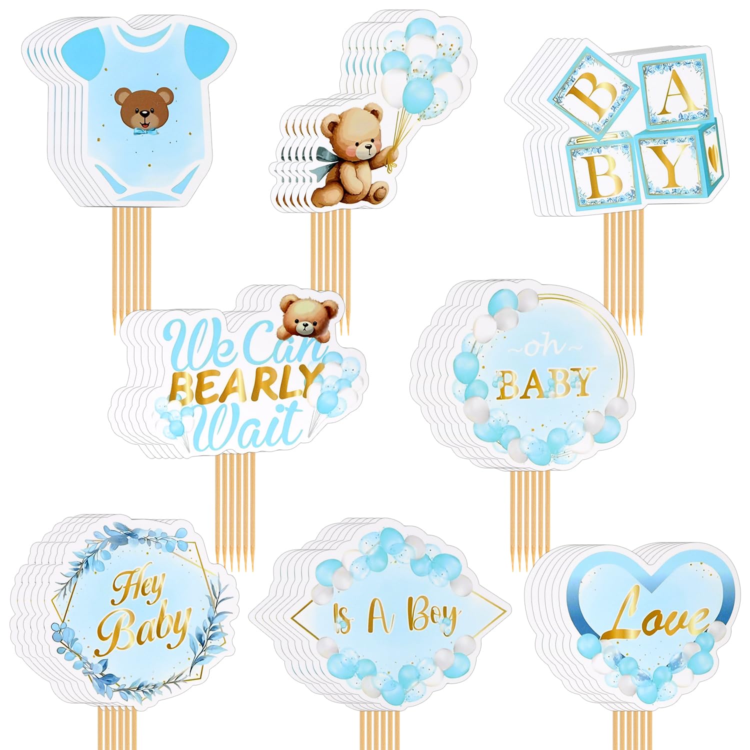 MOTIBACK 36Pcs Blue Bear Theme Baby Shower Cupcake Toppers, Woodland Animal Cake Decorations for Gender Reveal and Birthday Parties