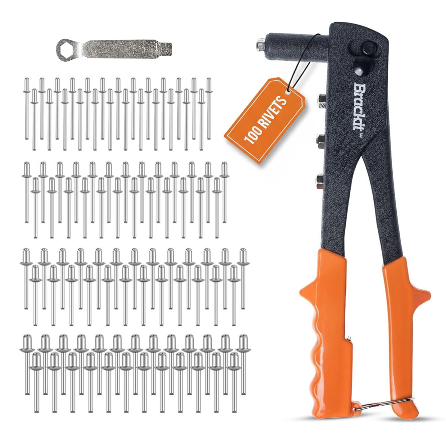 brackit Heavy Duty Rivet Gun Set with 100 Rivets in 4 assorted sizes - 2.4mm, 3.2mm, 4.0mm 4.8mm - Ergonomic Grip for Securing Metal and Wood Panels