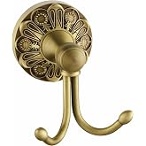 Lucyound Antique Brass Towel Hook, Wall Mounted Bathroom Hook for Clothing &amp; Robe Hanger, Screws Install Shower Wall Hook, Vintage Gold Brass Petal-Relief Series Longhorn Double Hook