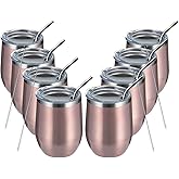 MEWAY 12oz/8 Pack Wine Tumbler Glasses with Lid - Stemless Double Wall Vacuum Stainless Steel Travel Tumbler - Keeping Cold & Hot for Wine,Coffee,Cocktails,Drinks (Rose gold,Set of 8)