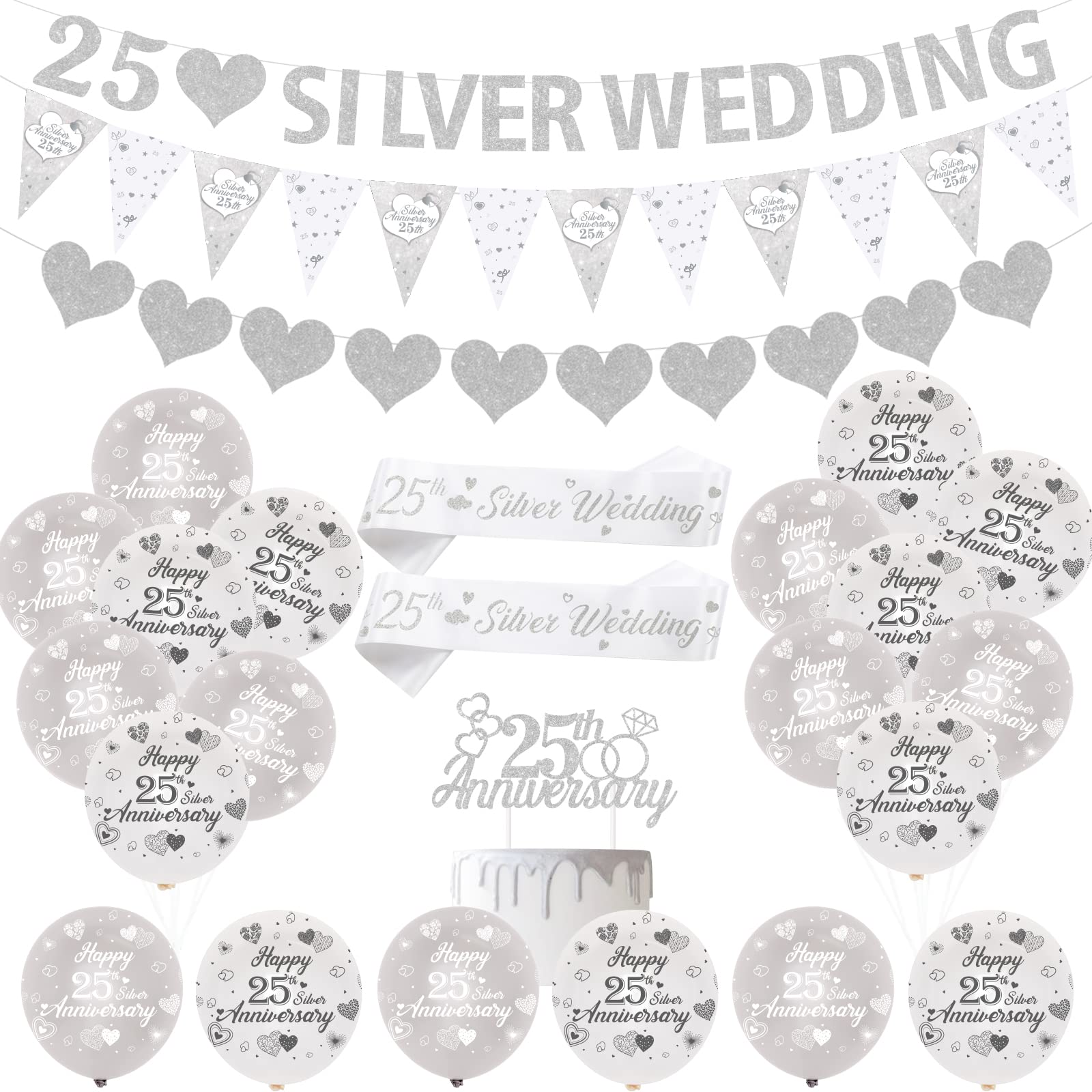 JOYMEMO 25th Wedding Anniversary Decorations Silver Balloons Banner Heart Rings Cake Topper Satin Sash for 25th Anniversary Party Supplies