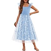 Arshiner Tween Girls Dress Ruffle Sleeve Elastic Straps Smocked A-Line Tulle Summer Long Patry Birthday Sundress