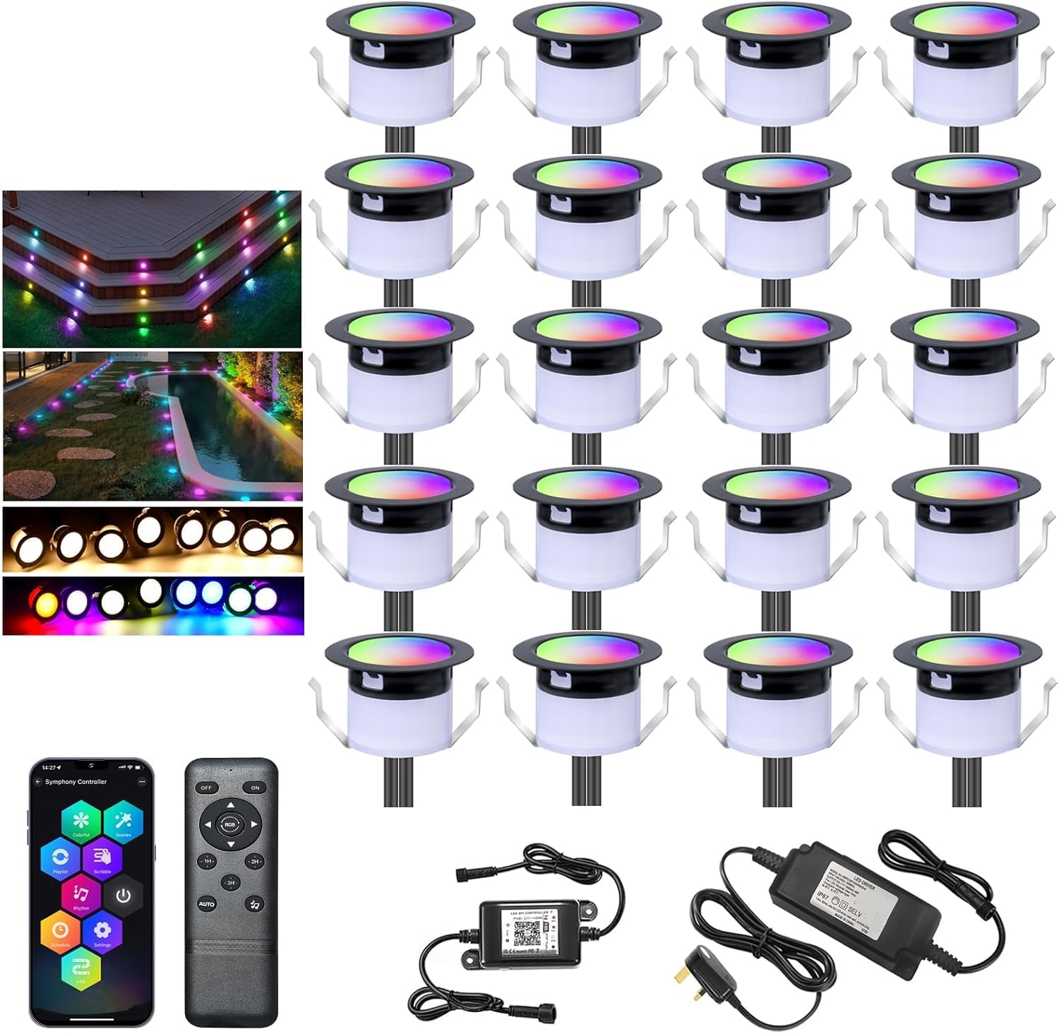 GEYUEYA Home Smart LED Decking Lights RGBW+IC Color Change Deck Light Waterproof IP67 Ø31MM 12V LED Plinth Lights with Remote Control for Terrace/Patio/Garden/Decoration - 20 Pack