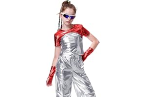 LOLANTA Girls Metallic Shirts with Arm Sleeves Slim Fit Stretchy Shiny Jazz Hip Hop Dance Tops Raves Festivals Costumes