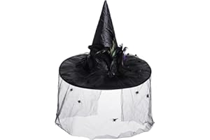 FENGEK Witch Hat for Women Halloween Large Ruched Witch Hat with Veil Feathers Spiders Cosplay Costumes for Halloween Party
