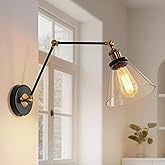 LOG BARN Swing Arm Wall Sconce Plug-in or Hardwire, Adjustable Black Antique Brass Wall Lamp with Clear Glass Shade, Reading 