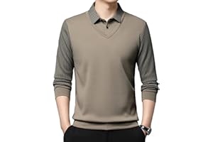 Men's Striped Lapel Fake Two-Piece Shirt Long Sleeve, Faux 2-Piece Knitted Shirt Polo Shirts, Business Casual Sweaters