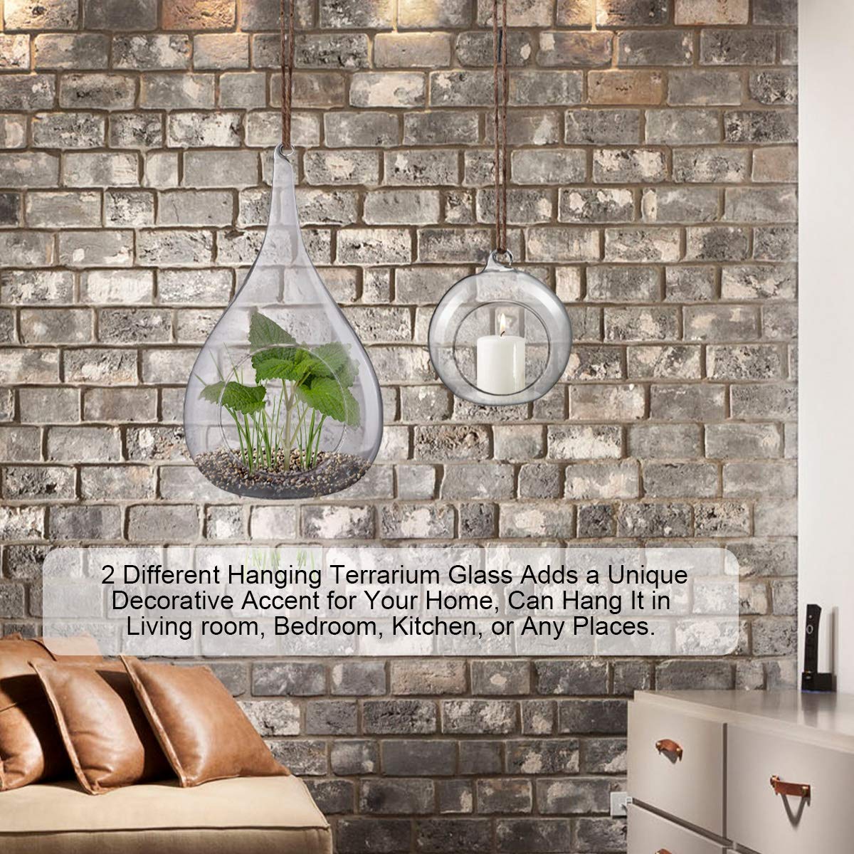 jiabang 2 Pack Hanging Plant Terrarium Heat-Resistant Glass for Succulent,Air Plant,Candle Holder,Home Decorations