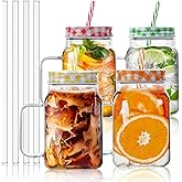 Salpae Mason Jar Cups with Handle and Straw 4 Pack, 17oz Kitchen Water Glasses Drinking Set Iced Coffee Cups Tumblers for Juice, Smoothie, Beverage,Milk
