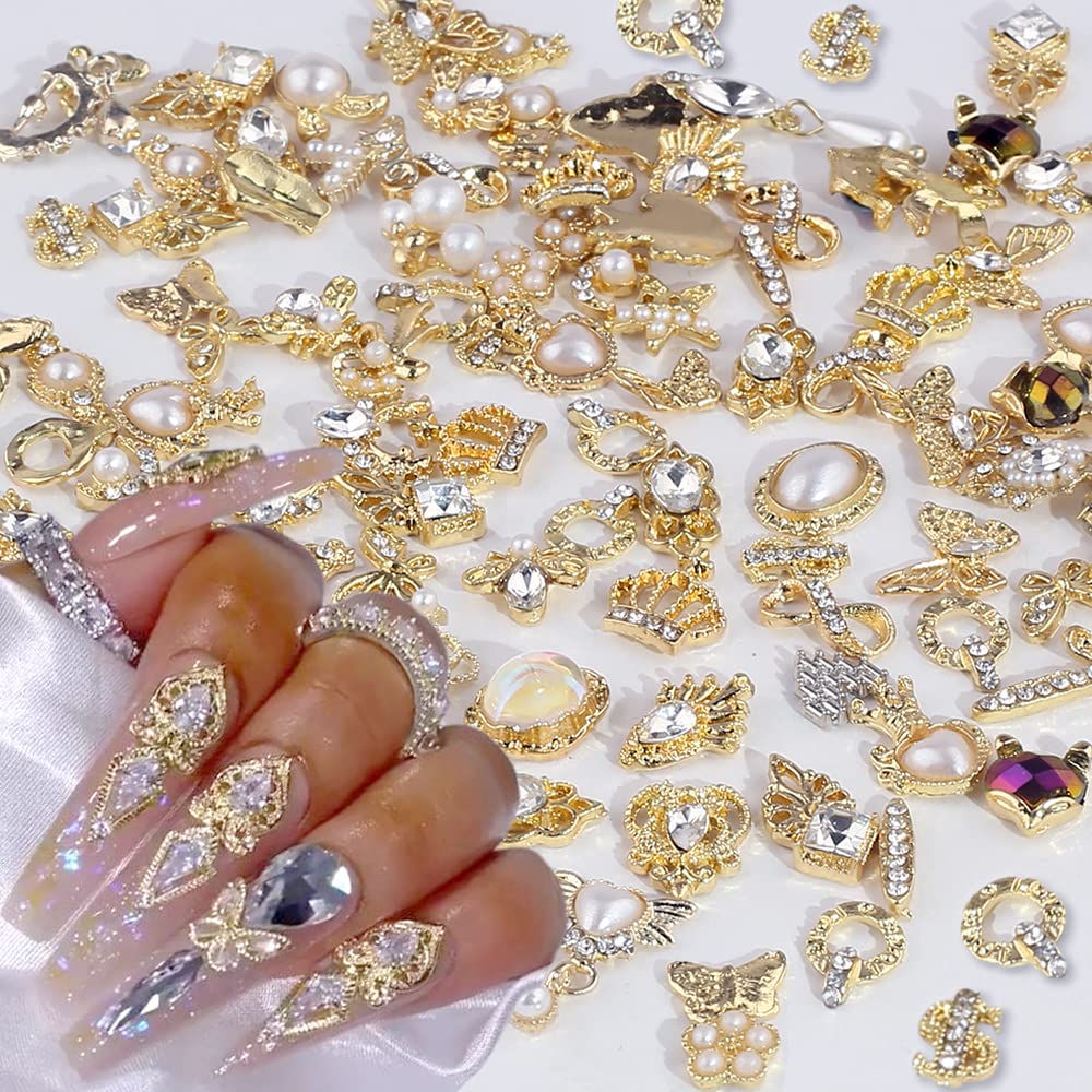 Dornail Pack of 50 Gold Nail Charms, Mix Styles Glitter Stones Nails Pearl Alloy Nail Stones Flower Butterfly Rhinestones Nails Heart Star Nail Charms DIY Nail Art Accessories Women Nails Decoration