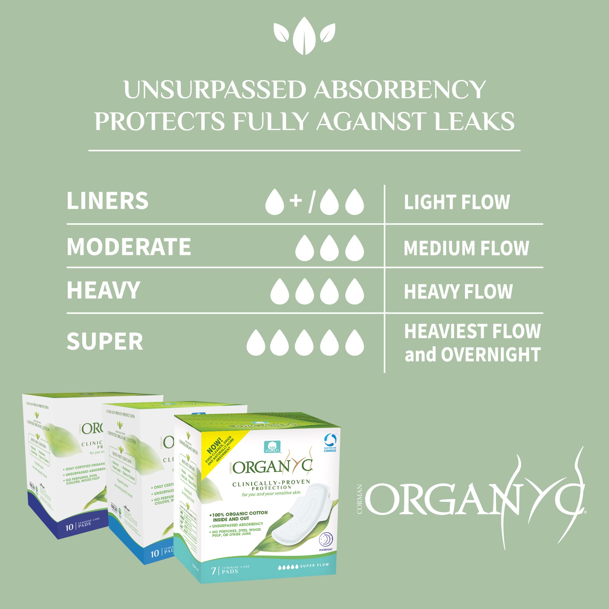 Organyc New and Improved 100% Certified Organic Cotton Inside and Out Overnight Feminine Pads, Heaviest Flow, Super Absorbency 2.0, 7 Count