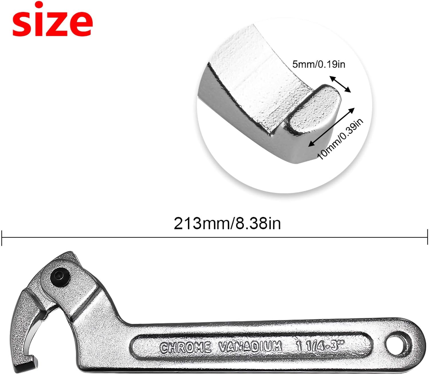 Larcele Hook Wrench for Nut Side Adjustable Spanner YYBS-01 (Square Head,1 1/4"-3"(32-76mm)), Silver - Image 3