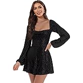Cozcy Women's Square Neck Long Sleeve Homecoming Dresses Short Sequin Fall Cocktail Party Gown