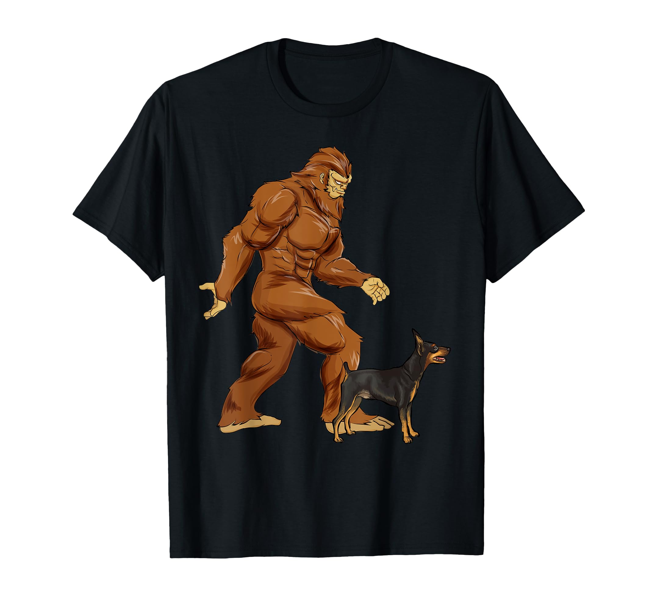 Funny Bigfoot Walking Miniature Pinscher Sasquatch Dog T-Shirt