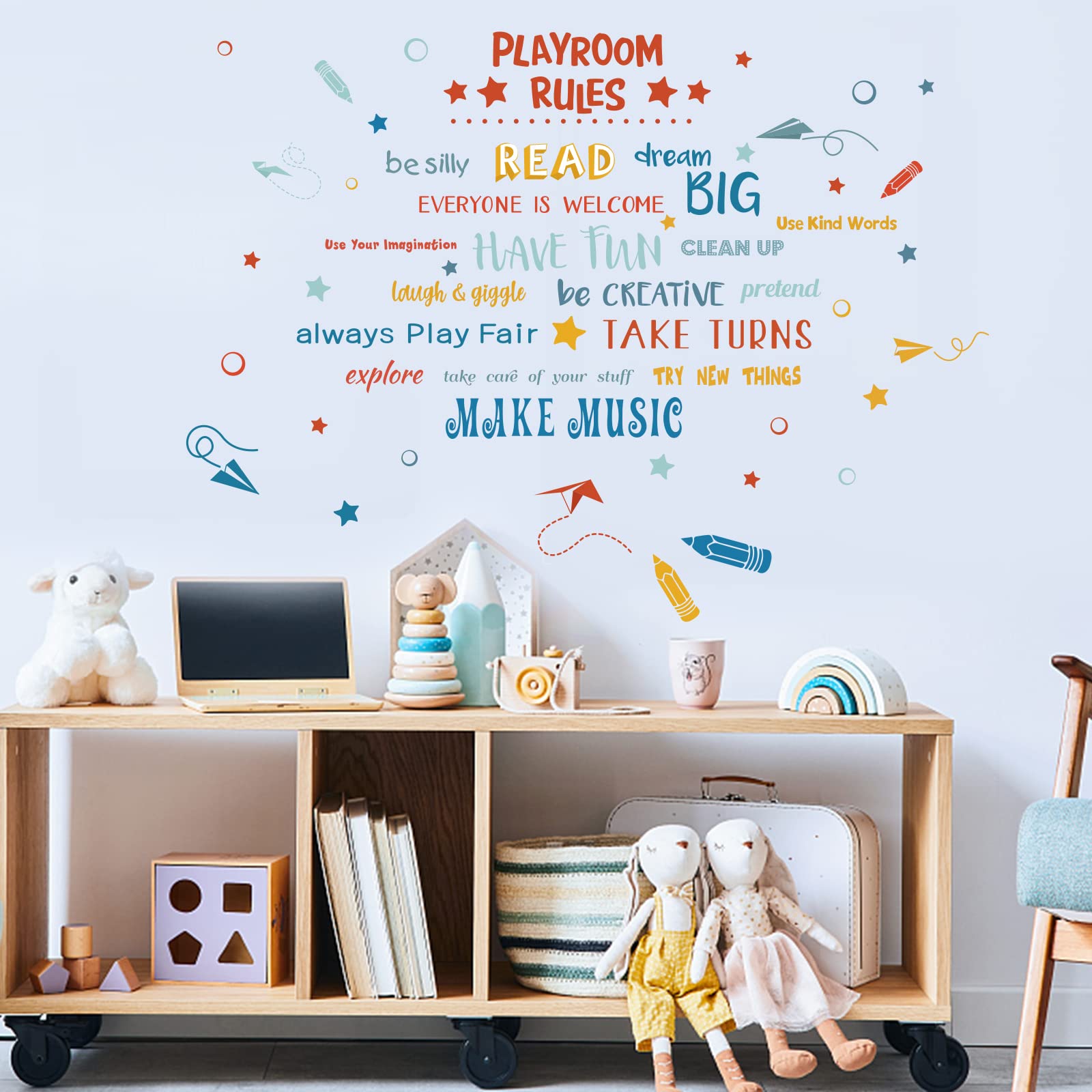 PLIGREAT 2 Sheets Playroom Rules & Quotes Wall Stickers Removable Vinyl Decals for Kids Bedroom Nursery Classroom DIY Peel and Stick Wall Art, Colorful Home Indoor Decor