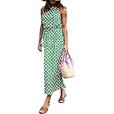 miduo Womens Casual Summer Halter Neck Sleeveless Bohemian Geometric Pattern Flowy A Line Maxi Long Dress with Belt