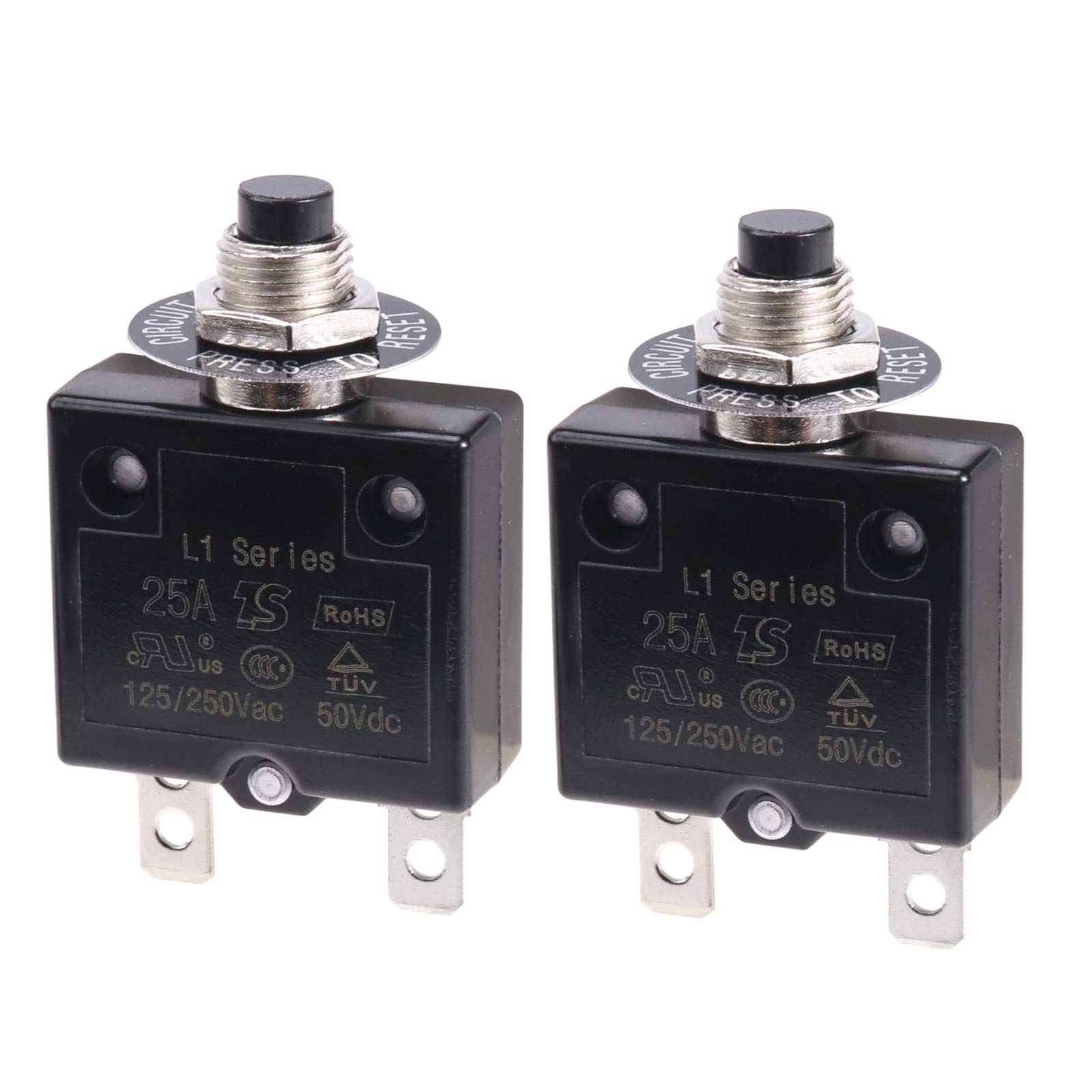 RKURCK 125-250V AC 50V DC Push Button Circuit Breaker 25 Amps Thermal Overload Protector L1 Series Manual Reset Thermal Circuit Breaker 25A 2 Pcs
