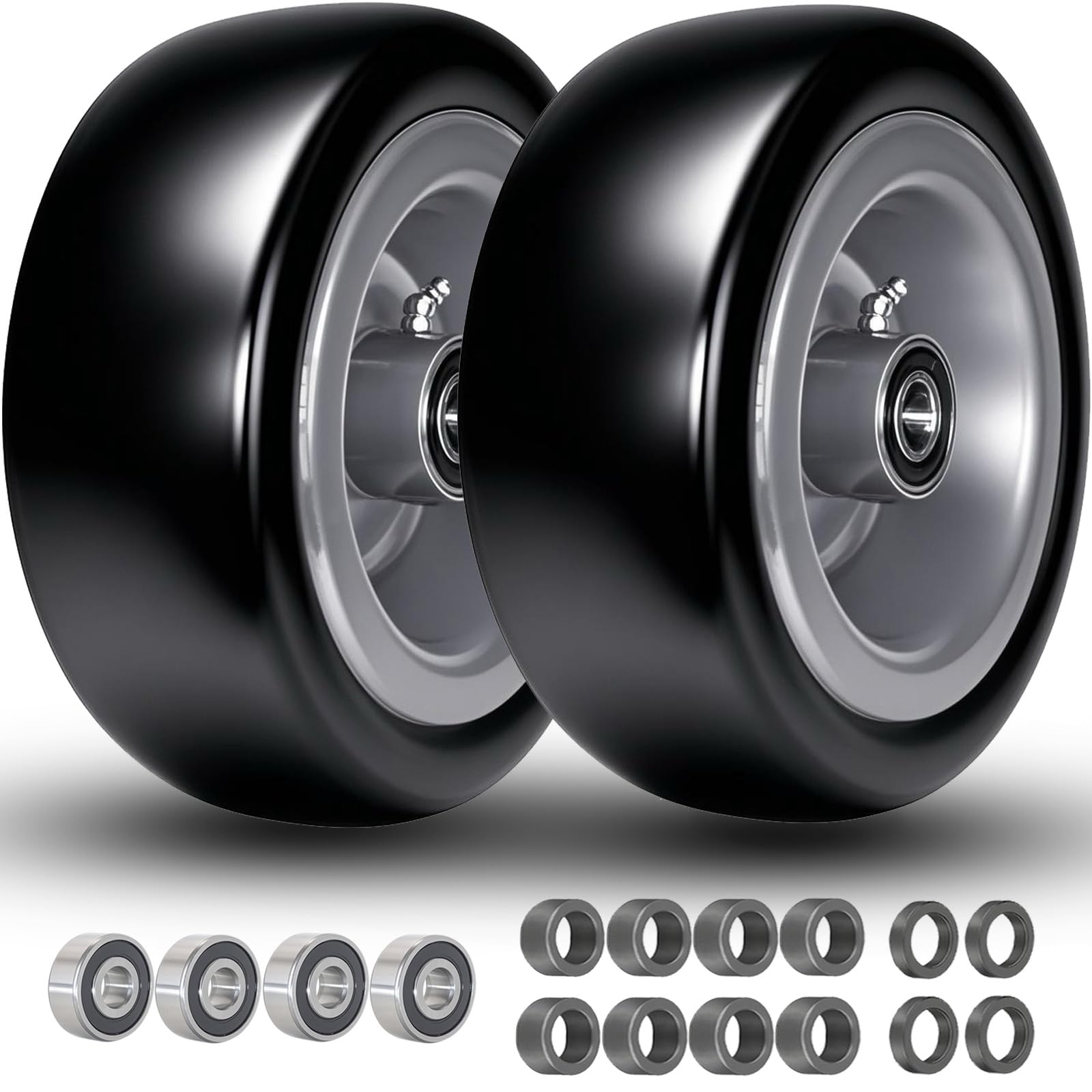 Photo 1 of 11x4.00-5" Tire and Wheel (5/8" Bearings) Flat Free, 11x4-5" Lawn Mower Tires, Zero Turn Front, 3.4"-5.6" Centered Hub, 11x400-5 Airless Solid Smooth Tires