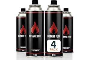 TECHEF 8oz Butane Gas Fuel Canisters Cylinders Tin with Dual Safety System for Portable Gas Stoves, Camping Stoves, Gas Burners, Cooking Torch, UL Listed, Made in Korea