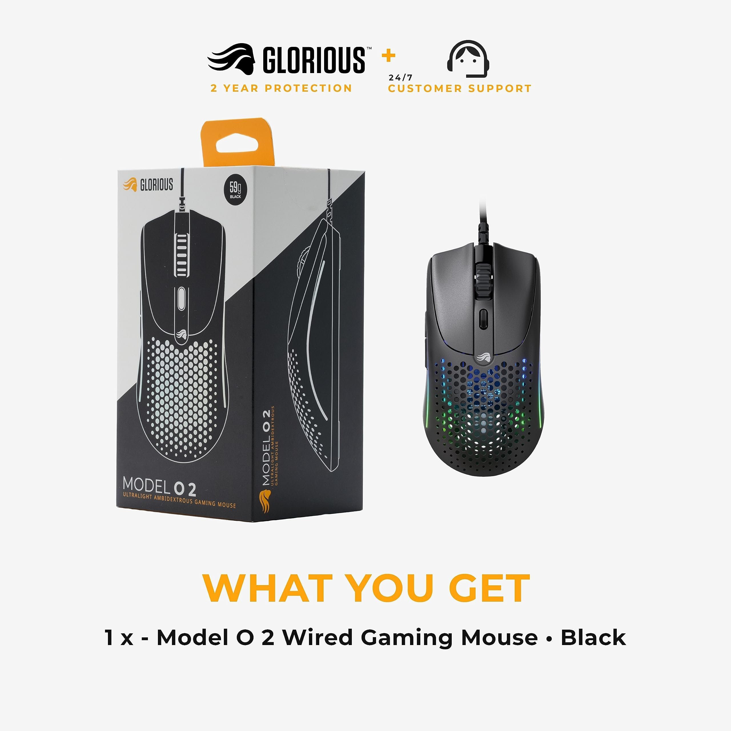 Glorious Gaming Model O 2 Wired Gaming Mouse - 59g Ultralight, FPS, 26,000 DPI, Motion Sync, 80M Click Rated Switches, 6 Programmable Buttons, Ambidextrous, RGB, PTFE Feet - Black