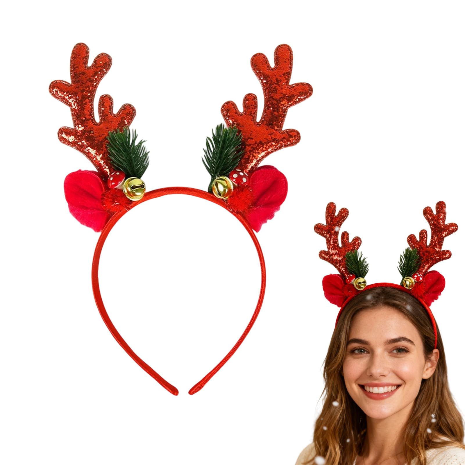 Reindeer Antlers Christmas Headband with Bells, Glitter Deer Ears Headband for Holiday Party Decorations, Christmas Costume Accessory
