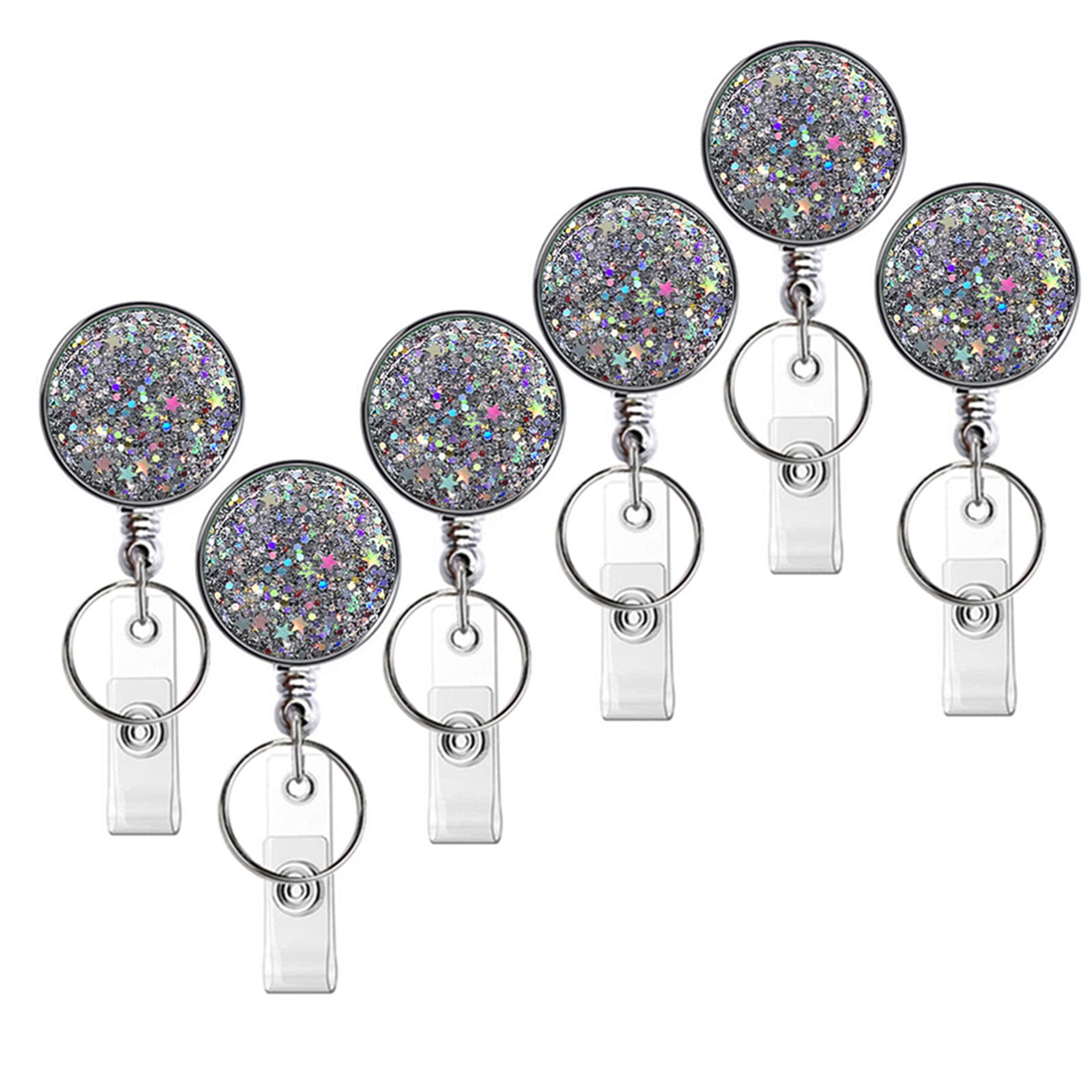 Retractable Badge Holder, Lightweight Plastic Badge Reel Retractable Card Holder with Key Ring Backing Belt Clip for Nurse,Volunteer,Teacher,Student,Office (Glitter Silver 6pack-UK) — image 1