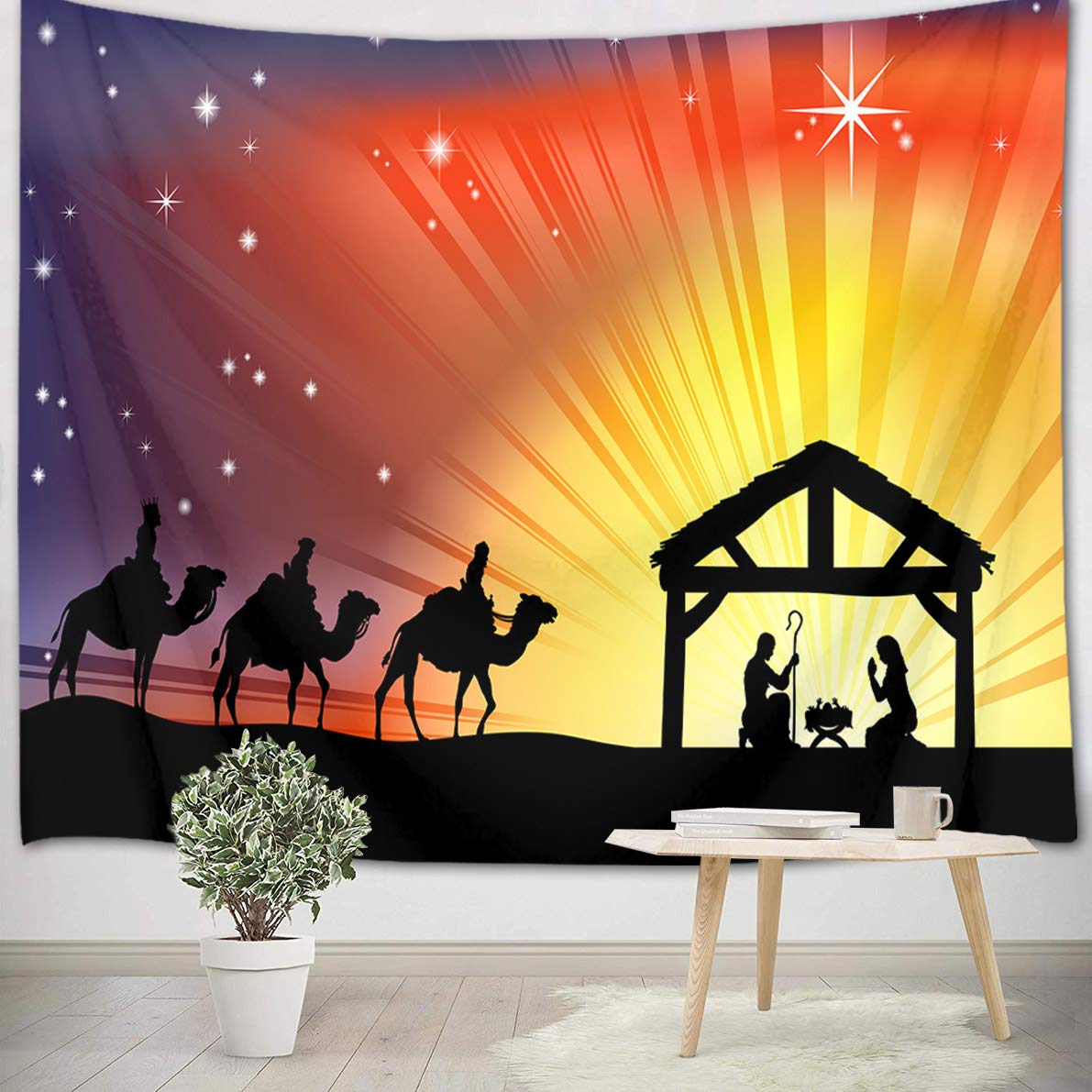 LB Nativity of Jesus Tapestry Christmas Photography Backdrop Christian,Three Wise Men,Manger Wall Hanging for Living Room Bedroom Dorm Wall Decor,Party Background,59x39 inches