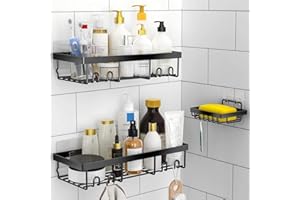 Moforoco 3-Pack Shower Caddy Basket Shelf with Soap Holder, No Drilling Traceless Adhesive Shower Wall Shelves, Rustproof Black Bathroom Shower Storage Organizer
