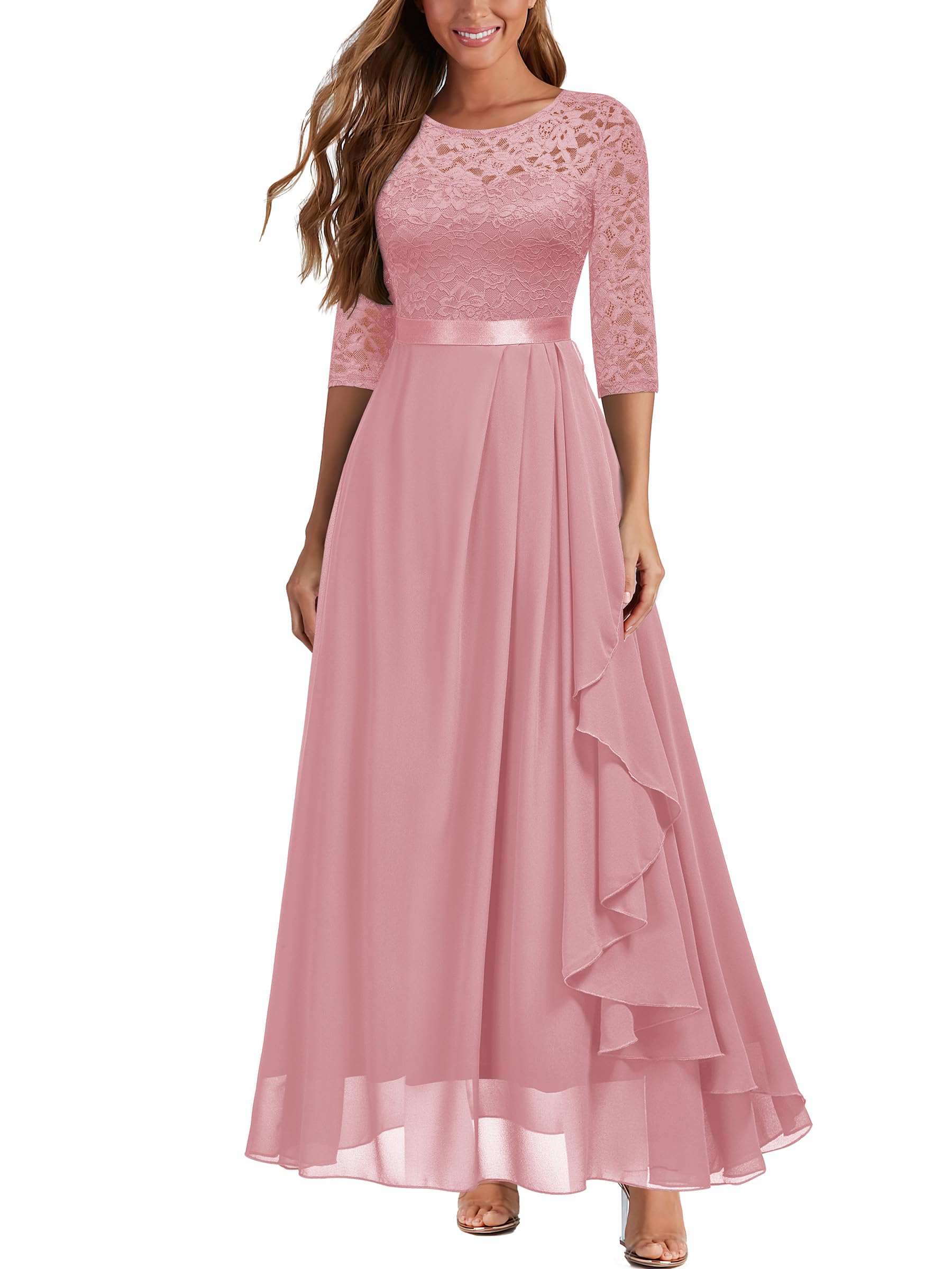 Photo 1 of Miusol Women's Elegant Floral Lace Retro 3/4 Sleeve Contrast Bridesmaid Maxi Dress (Large, Pink)