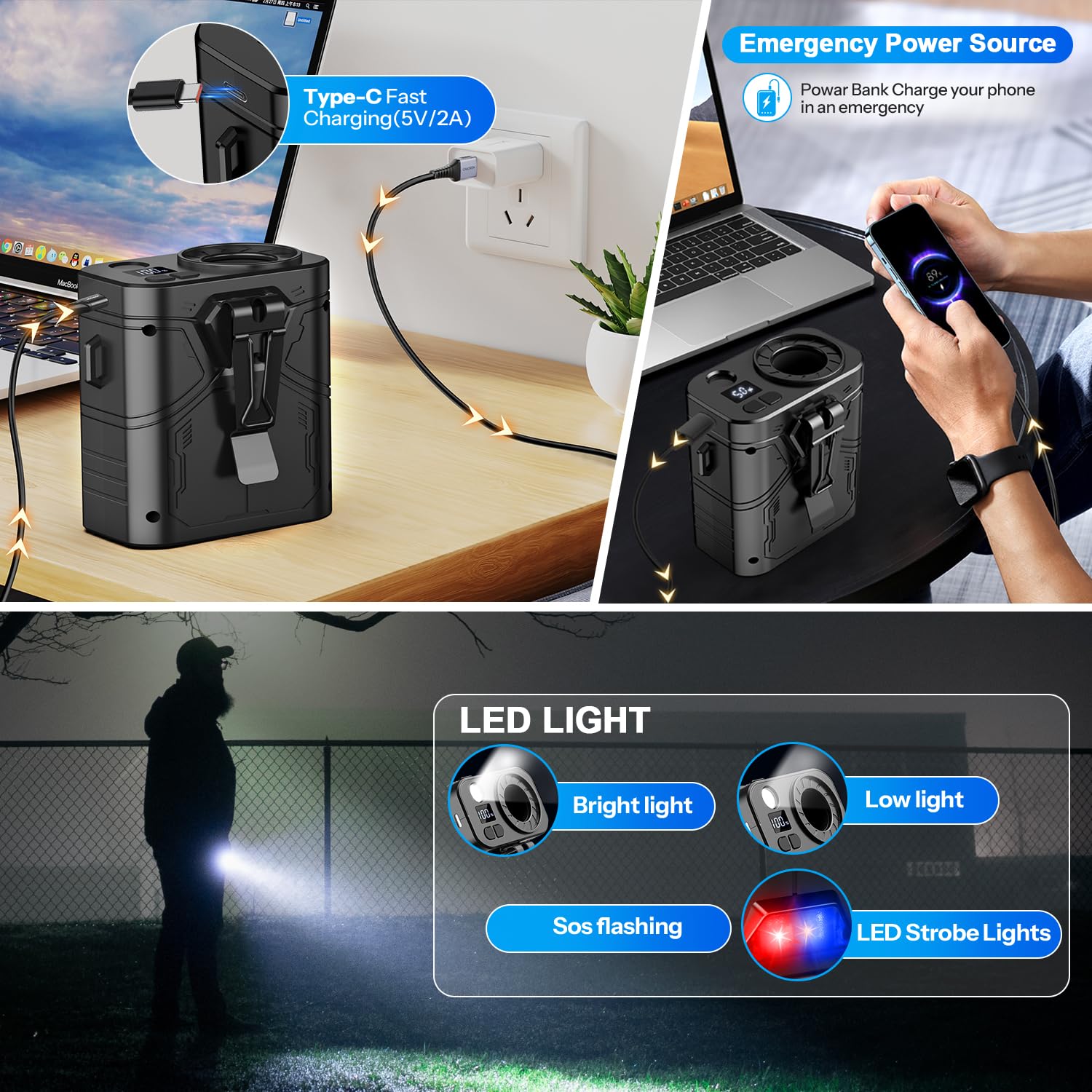 JTRYEMU 20000mAh Portable waist fan Clip on Belt Shirt Body Rechargeable Battery 5 Speeds 20000RPM 60H Working LED Light Personal cooling device Wearable Neck Fan for Outdoor Jobsite Camping (Black)