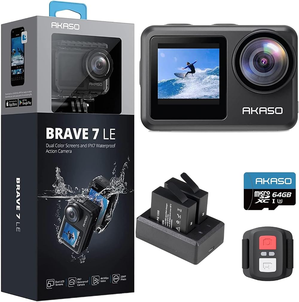 AKASO Brave 7 LE Action Camera 64GB Card 4K 20MP Dual Screen IPX7