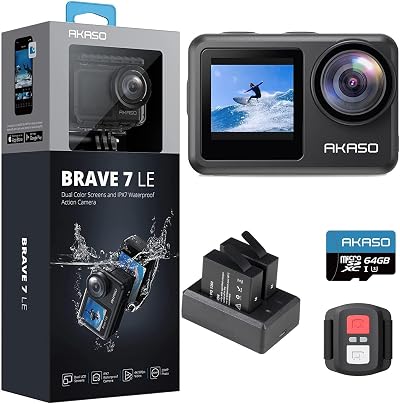 AKASO Brave 7 LE Action Camera 64GB Card 4K 20MP Dual Screen IPX7