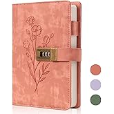 Lock Diary for Women Diary with Lock for Girls A5 Leather Locked Journal 260 Pages 100 GSM Refillable Journal with Lock for Teens Secrets Flower Journals with Combination Passwords, 5.7"x8.3", Pink