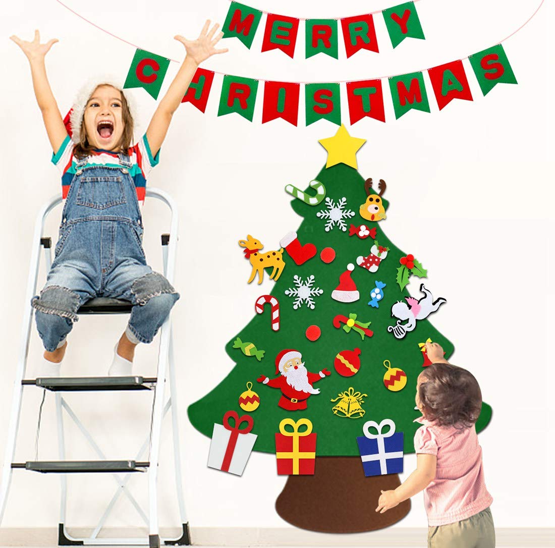 VDROL Felt Christmas Tree with Merry Christmas Banner Wall Hanging & 29Pcs DIY Friendly Detachable Hanging Xmas Ornaments Xmas Kids Gifts Christmas Decorations