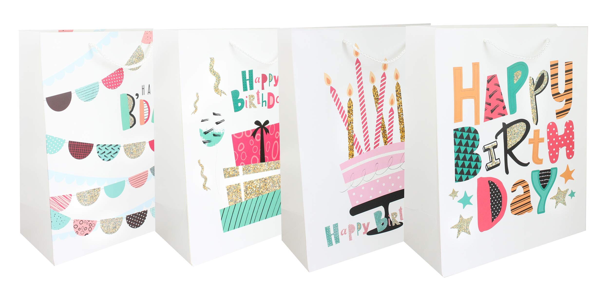 Emartbuy Set of 4 Luxury Gift Bag Strong Laminated Paper Mixed Colours 26 x 32 x 12 cm - Happy Birthday