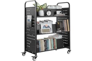 VEVOR Rolling Library Book Cart, 330 lbs Capacity, 38.2 x 20.3 x 48.2-Inch Library Cart, Double Sided W-Shaped Shelves with 3-Inch Lockable Wheels, Book Truck for Home Shelves Office and School, Black