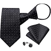 DiBanGu Mens Adjustable Zipper Ties, Woven Paisley Striped Plaid Necktie and Pocket Square Cufflinks Set Pre-tied Wedding Tie