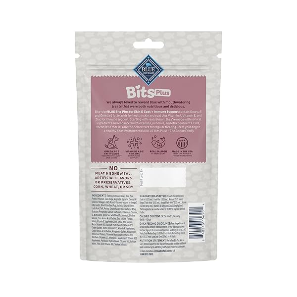 BLUE BUFFALO BLUE BITS PLUS SKIN & COAT AND IMMUNE SUPPORT DAILY BENEFIT DOG TREATS, SOFT & CHEWY SALMON MORSELS, 9.5-OZ. BAG